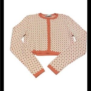 Zara Coral and Cream Checkered Cropped Cardigan